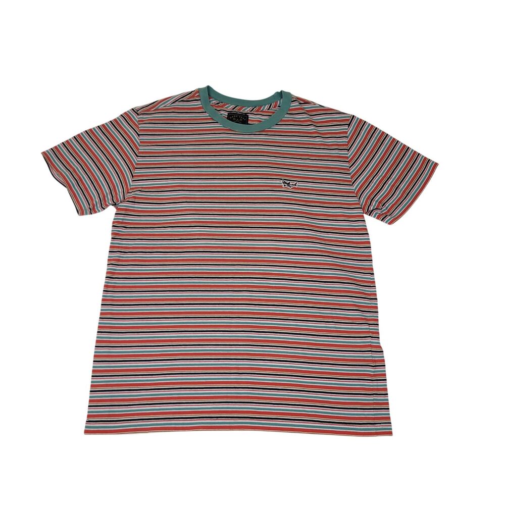 Dark Seas Division Striped T-Shirt Mens M Shark Logo Surf Skate Tee Red Teal